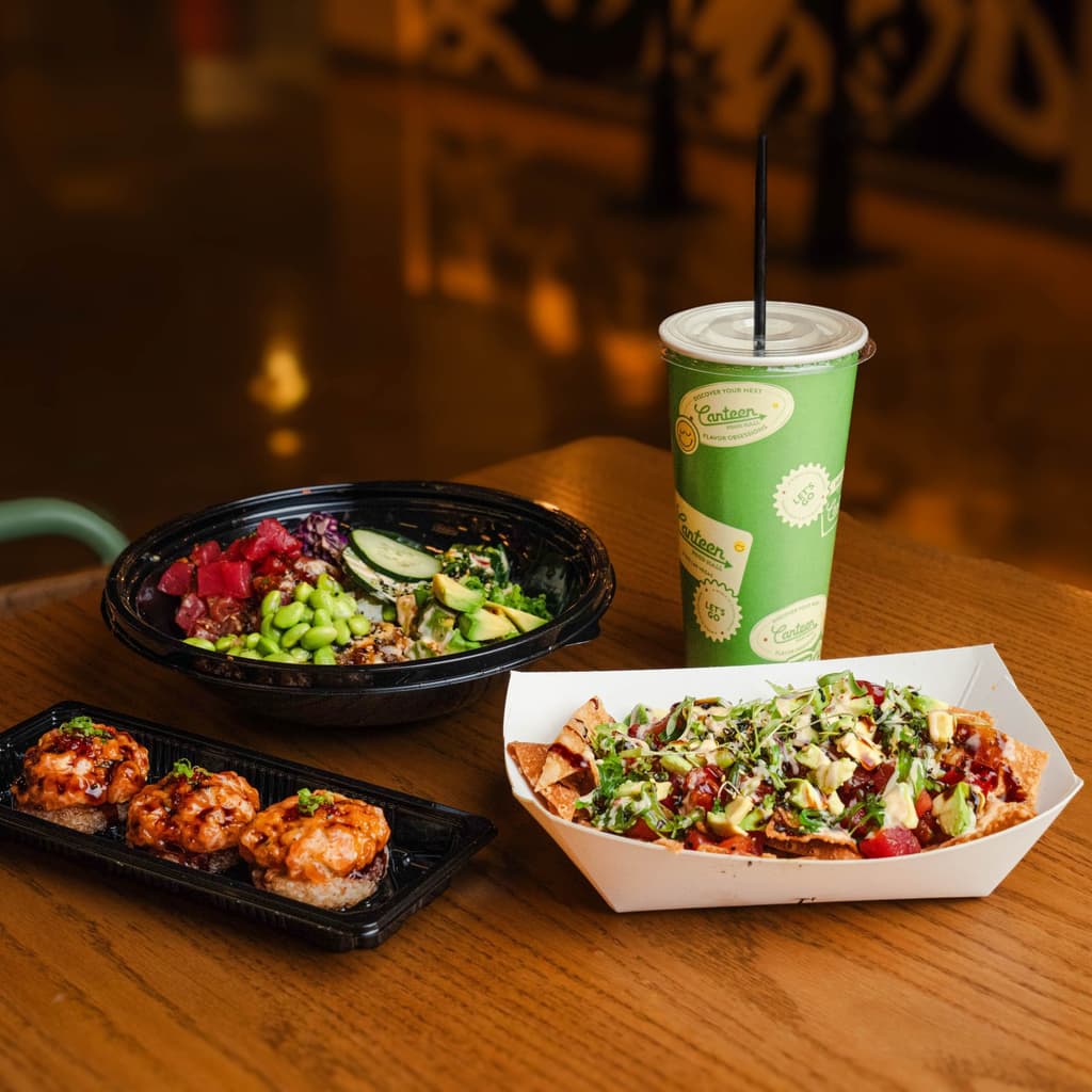 Poke Bowl and Poke Nachos with Drink